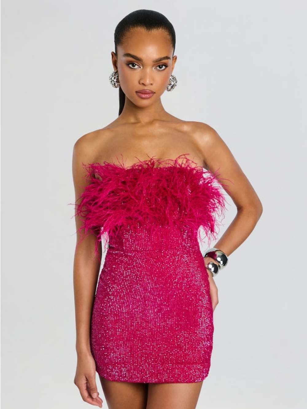 NWT Retrofete Torin Feather Sequin Dress Strapless Fuchsia Mini Pink Small New